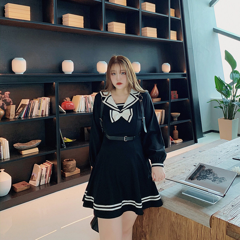 Xitong'er large size women's clothing fat mm college wind navy neck bow is thin dress to reduce age and cover belly skirt autumn