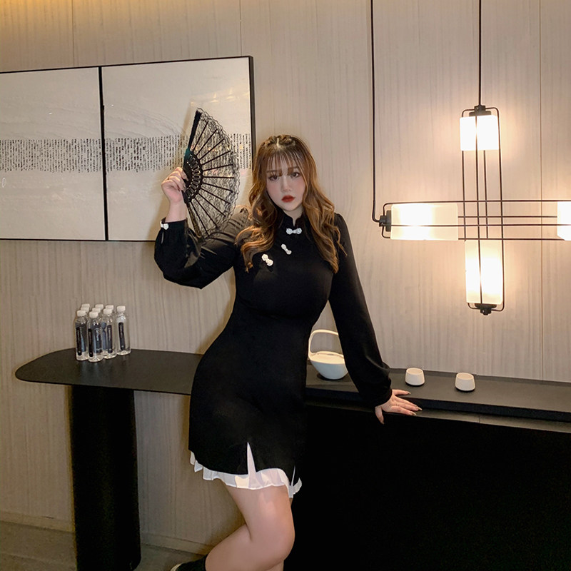 Hitons large size women fat mm Spring and Autumn Retrospective thin plate buckle the fine flaggown dress