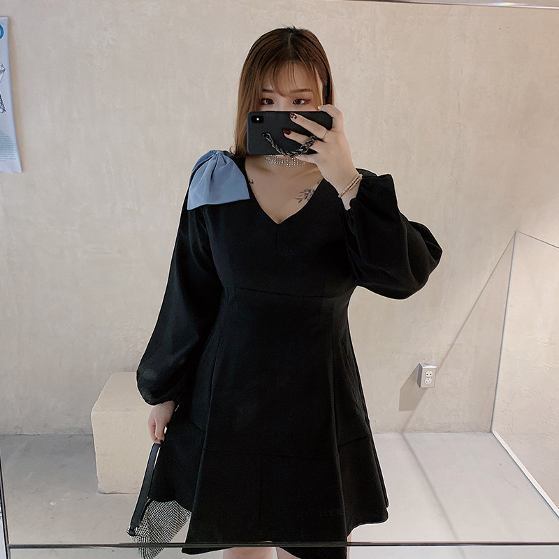 Xitonger large size women's clothing fat mm autumn waist slim V-neck bow dress cover belly all-match little black dress