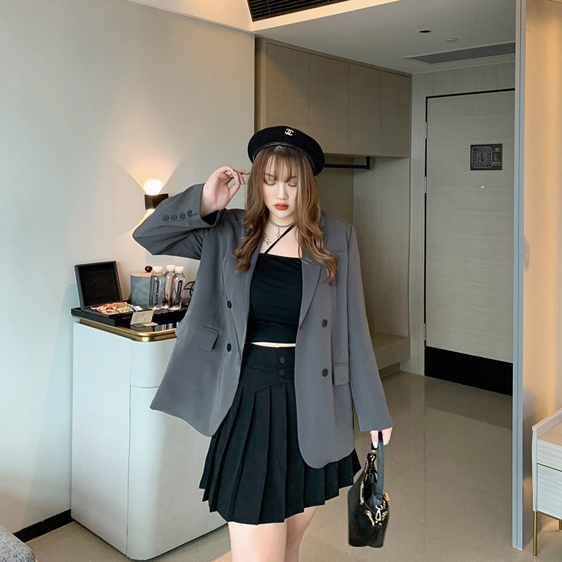 Hitong Big size woman dress Fat mm Korean version Temperament Slim Padded Shoulder Grey Suit Jacket 100 Hitch Casual West Suit Autumn