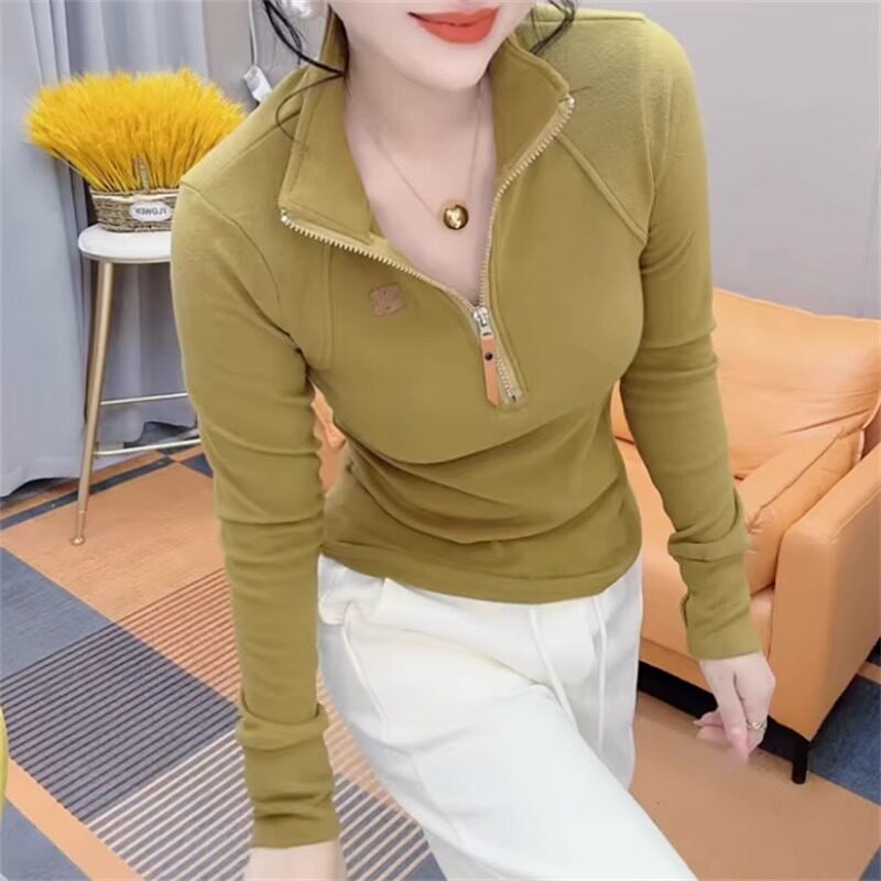 Fashionable Half-Zip Stand Collar Long-Sleeve T-Shirt for Women, Autumn and Winter Fleece-Lined Warm Base Layer, Slim Fit Top