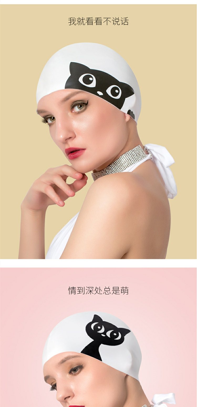 Pufferfish thời trang 喵 喵 mũ bơi silicone dành cho người lớn bịt tai không thấm nước tóc dài phim hoạt hình unisex mũ bơi 	mua mũ bơi ở đâu