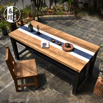 Old elm full solid wood desk log dining table New Chinese wrought iron calligraphy long table weathered pattern art painting case
