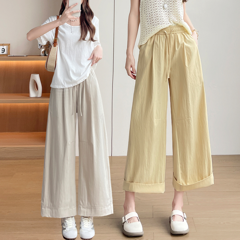 Petite Women's Summer Thin Lyocell Tencel Wide-Leg Pants, High-Waisted Casual Cropped Pants with Drape Effect