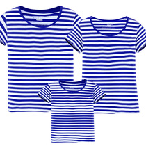 Male and female children cotton blue striped parent-child short-sleeved T-shirt June 1 kindergarten performance Navy half-sleeve bottoming 6