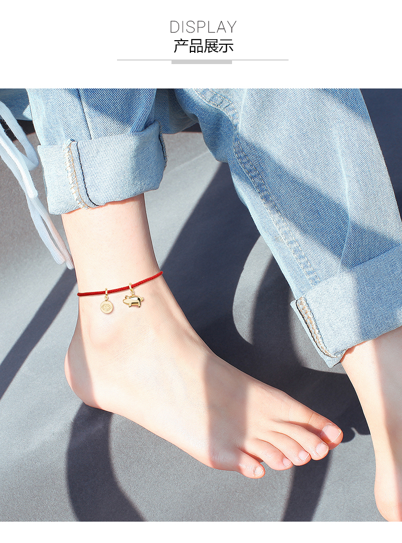 Phong cách tĩnh mạ vàng 14K vòng chân heo con ba vòng nữ sinh năm bện dây đỏ phước lành kéo chân điều chỉnh xích - Vòng chân lắc chân vàng tây
