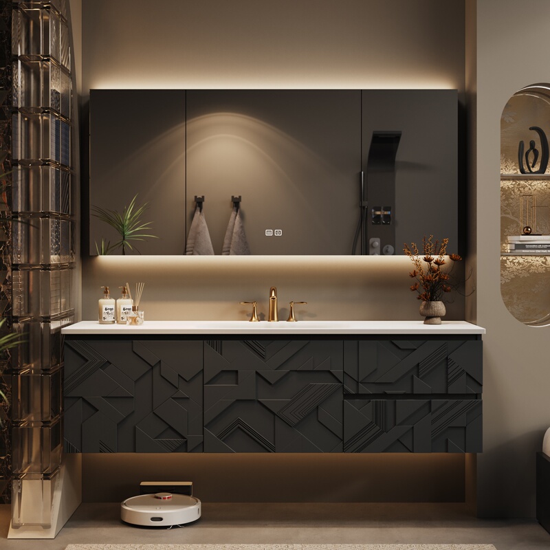 Nordic Style Belgian Oak Bathroom Cabinet with Stone Countertop, Hot-Bent Washbasin, and Sink Cabinet Set