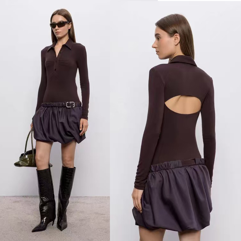 26 Early Autumn Cut-Out Backless Design, Pleated Floral Skirt with Belt, Patchwork Polo Collar Long-Sleeve Mini Dress