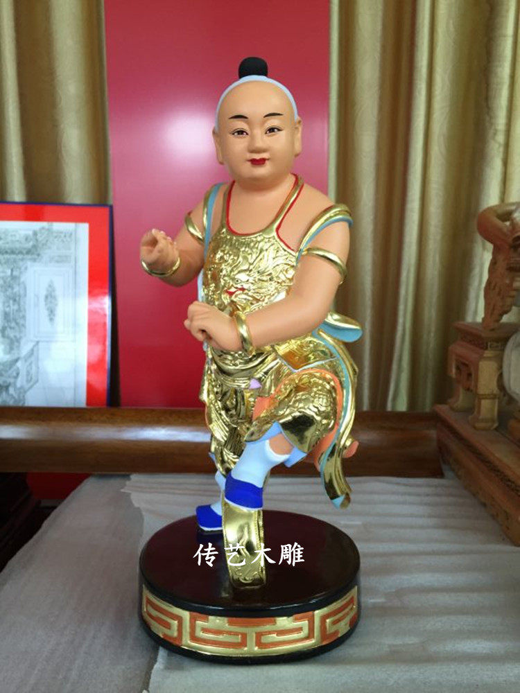 Wood Carving Statue of the Wooden Statue of the Nacha Taiko Taiko Single Wheel Belly of the Three Tons 40cm fragrant Zhangmu Jinjin carved out of Taiwan craftsmanship wood carving