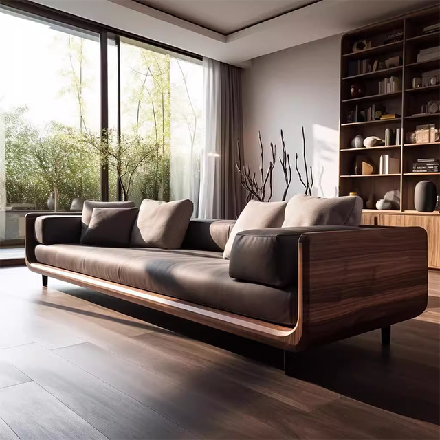 Three or four-seater straight-row sofa, small apartment office club, high-end mid-century style black walnut solid wood sofa