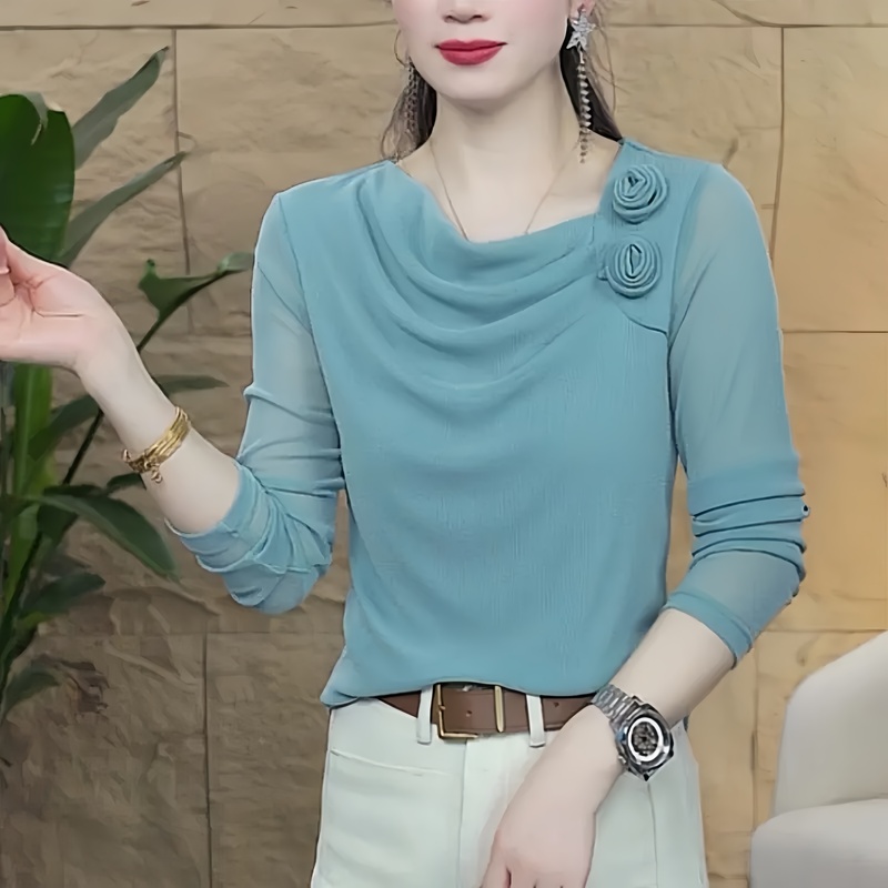 2025 Spring and Autumn New Fashion Versatile Solid Color Ruffled Collar Elegant Rose Mesh Blouse Women's Long Sleeve Top