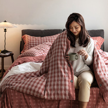 Mother-to-baby grade all-cotton double layer yarn 4 pieces of vegetarian color quilt cover Single double bed Bamboo Hat Bedding with button section