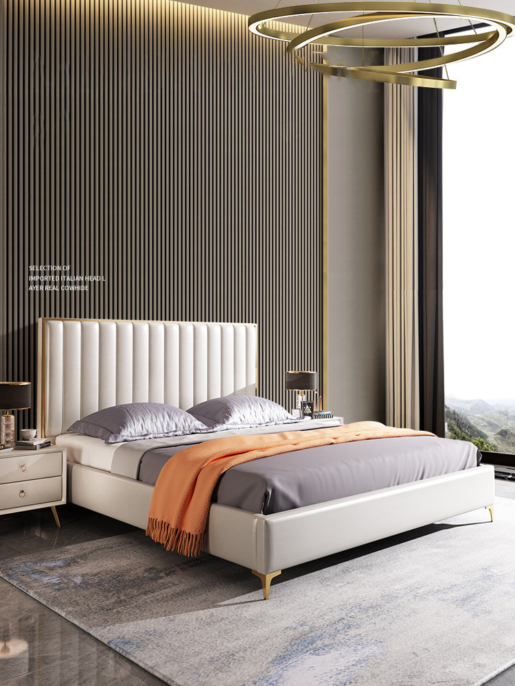 Light extravagant minimalist leather bed 1 8 m Double genuine leather master bedroom with modern minimalist Fancy Fancy small family Internet Red Wedding