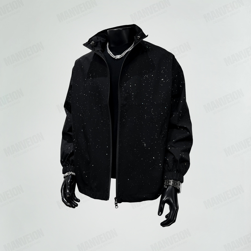 Early Autumn Hidden Starry Sky Pilot Jacket for Men, American High Street Dark Glitter Baseball Jacket Windbreaker