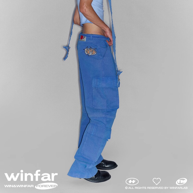 Winfarlab Detachable Blue Back Pocket with Hollowed-Out Logo Embroidery Loose Washed Cargo Pants