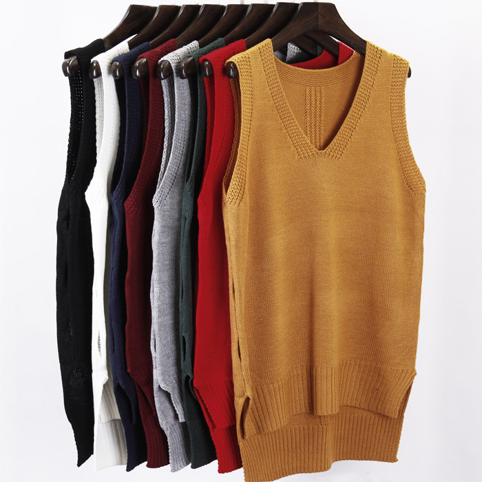 韩版春秋女装毛线针织衫新款毛衣背心马甲中长款宽松V领坎肩外套