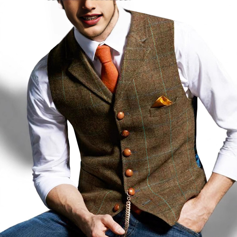 Cross-Border European and American Style Lapel Suit Vest for Weddings, Groomsmen, Hosts, Slim-Fit Plaid Vest, Commuter Vest, Men's Waistcoat
