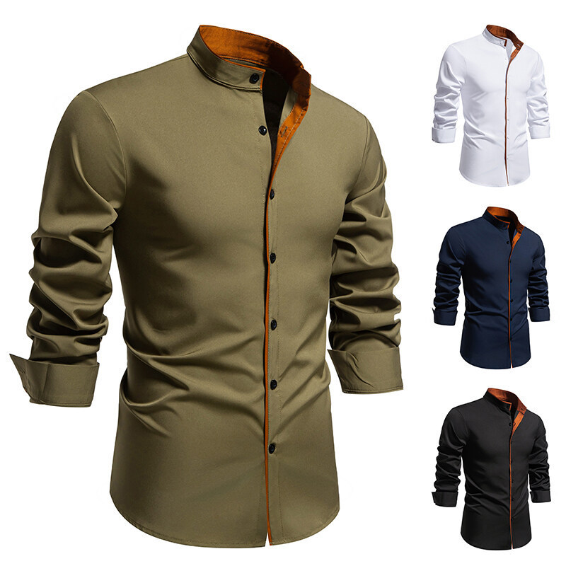 Arabian Men's Stand-Up Collar Long-Sleeved Shirt with Contrasting Placket, Youthful and Fashionable Henry Collar French Casual Shirt