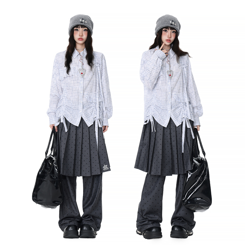 Double L2 Preppy Style Bow Tie Long-Sleeved Shirt for Women, Versatile Loose Casual Cardigan Shirt