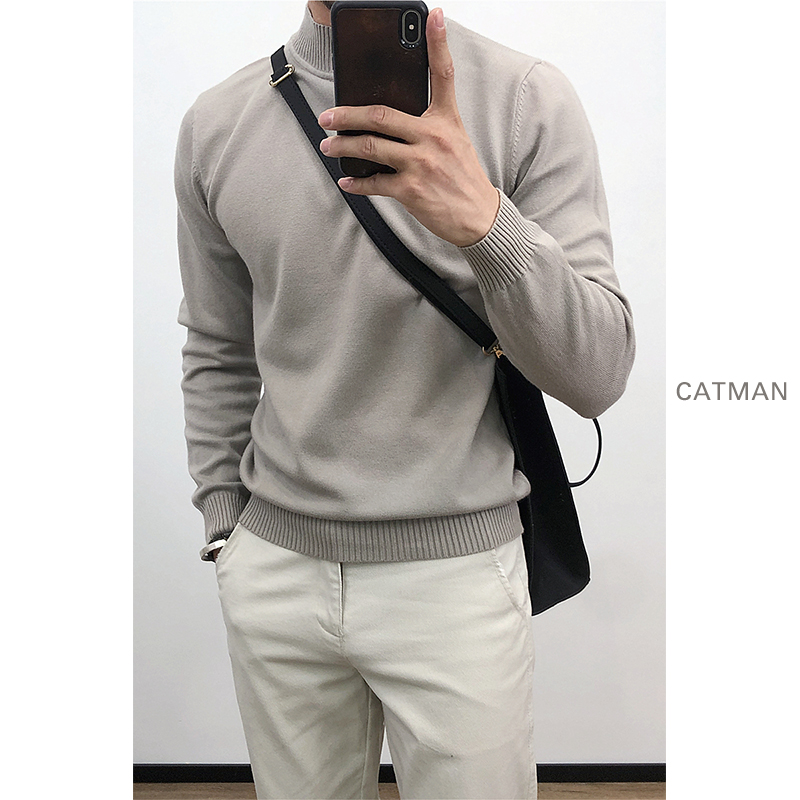 2021 Spring and autumn slim fit half-high collar male sweater Han version Cultivation Pure color round neckline Inner Hitch Jersey Boy