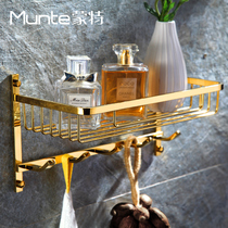  Brass titanium gold bathroom pendant Bathroom shelf Wall-mounted mesh basket with row hook shelf perforated installation