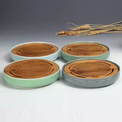 Longquan celadon dry bubble bamboo tea tray Ceramic Kung Fu tea accessories Household water storage round simple small tea table
