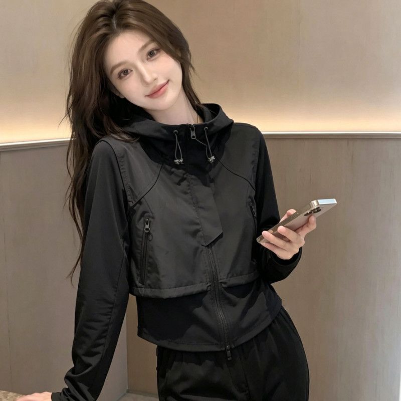 French-Style Black Faux Two-Piece Hooded Jacket for Women, 2026 Autumn New Trendy Sporty Windbreaker Jacket Top