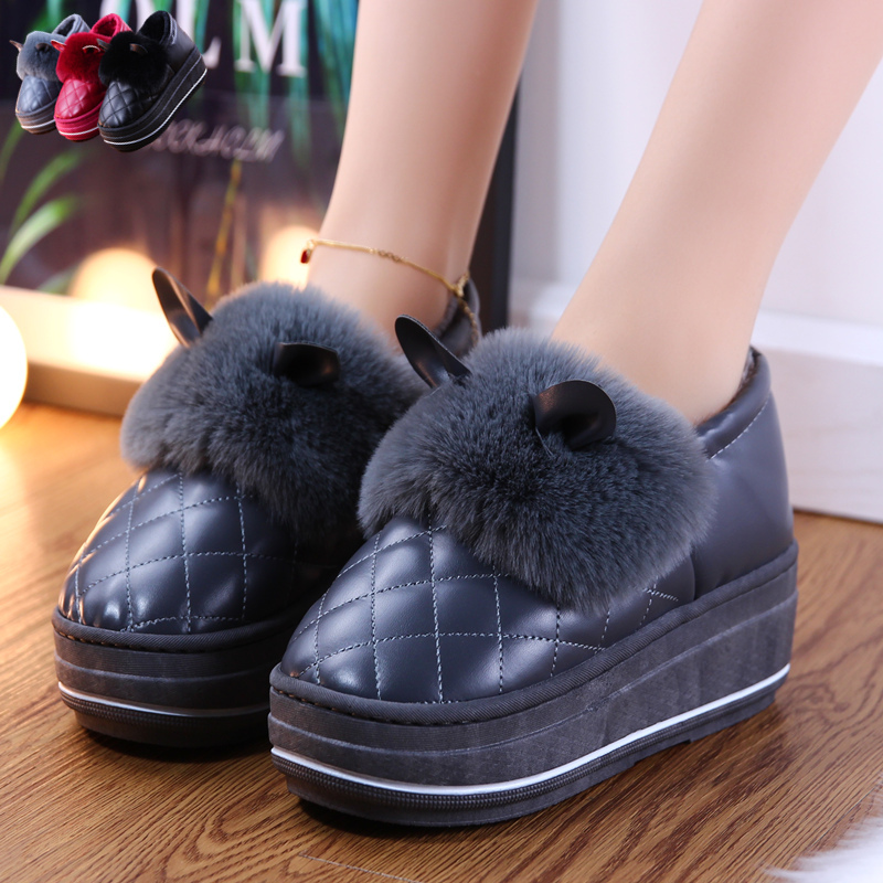 Winter new leather face waterproof heightening non-slip bag heel cotton slippers plus suede thick bottom warm home Love Women Cotton Shoes