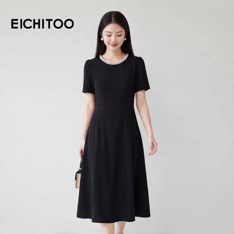 Aijutu French-Style Gentle Round-Neck Dress 2026 Summer New Women's Waist-Cinching Short-Sleeve Elegant Long Dress for Dates
