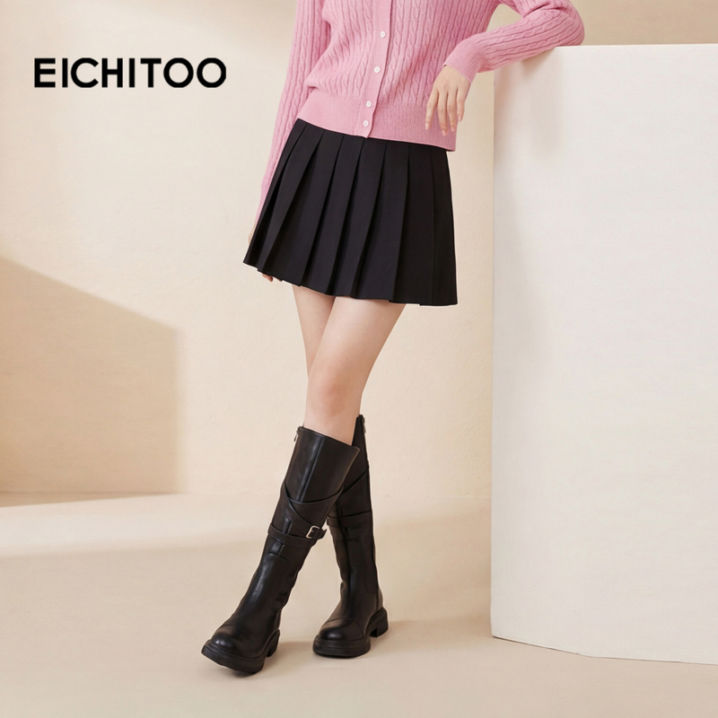 Ai Ju Tu's New Spring Product: Pleated Skirt with Three-Dimensional Bow Decoration, Pure Black A-Line Skirt