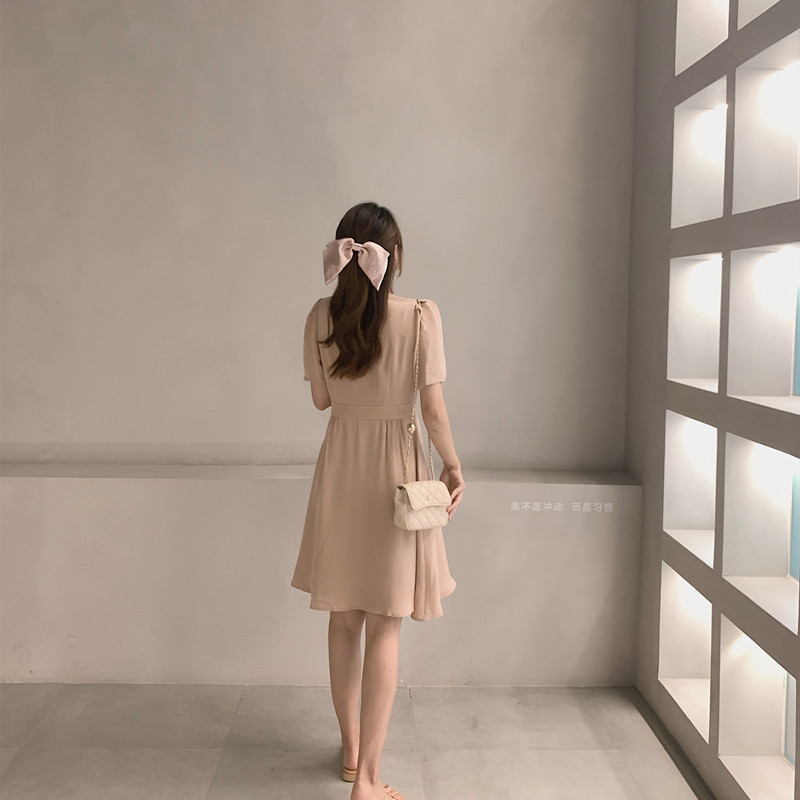 LittleQ Fairy Skirt 2021 Summer New pint Long version Ocean dress V collar pure color snowspun dress