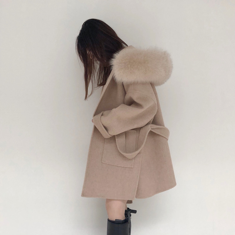 2022 autumn and winter new hooded double-sided cashmere coat fox fur collar tie loose small woolen coat women