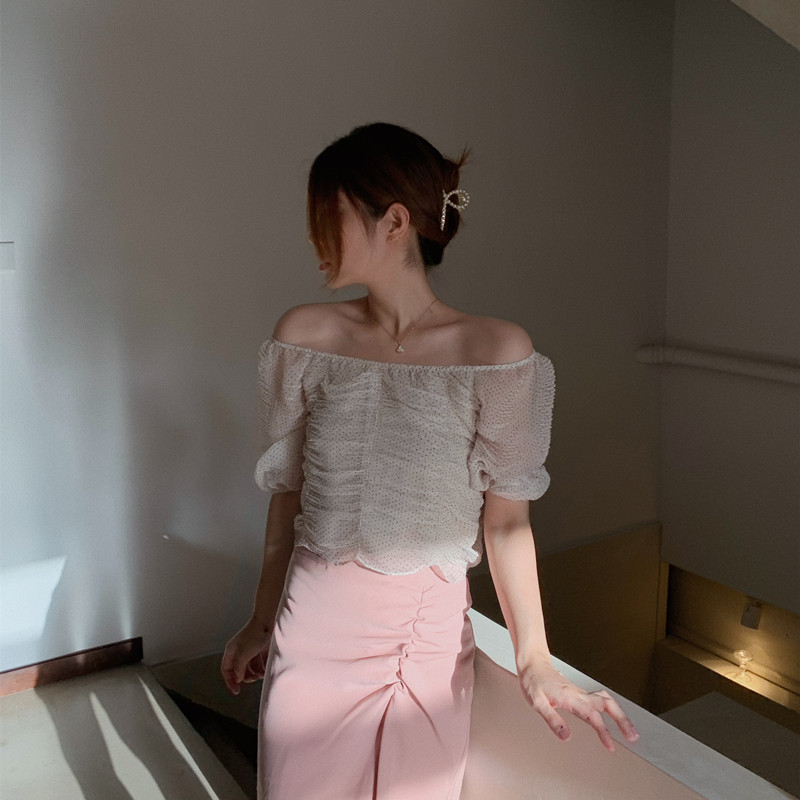 LittleQ Polka Dot 2021 Summer New Chiffon Top Wrinkle Line Neck Sweet Young Off Shoulder Short Sleeves