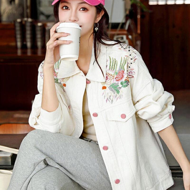 Vintage Heavy Embroidery Single-Breasted Long-Sleeve Denim Jacket for Women 2026 Spring and Autumn New Loose Plus-Size Jacket