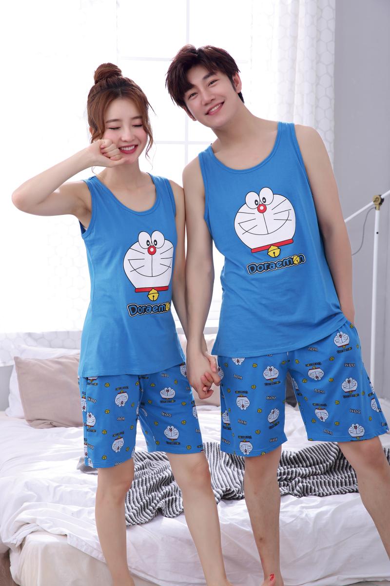 帛 美 美 Mùa hè vài bộ đồ ngủ mèo leng keng người đàn ông và phụ nữ máy cotton ngắn tay mèo 哆 啦 Một bộ đồ dịch vụ nhà mơ ước đồ bộ mặc nhà bằng vải thun