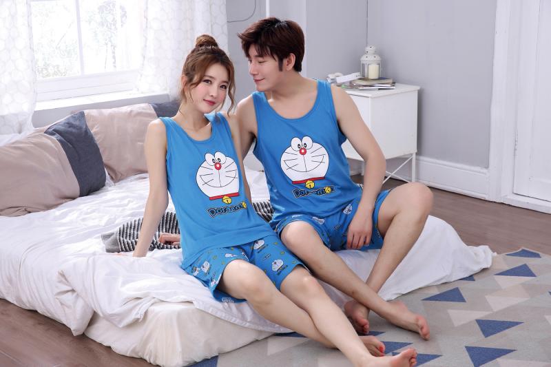 帛 美 美 Mùa hè vài bộ đồ ngủ mèo leng keng người đàn ông và phụ nữ máy cotton ngắn tay mèo 哆 啦 Một bộ đồ dịch vụ nhà mơ ước đồ bộ mặc nhà bằng vải thun