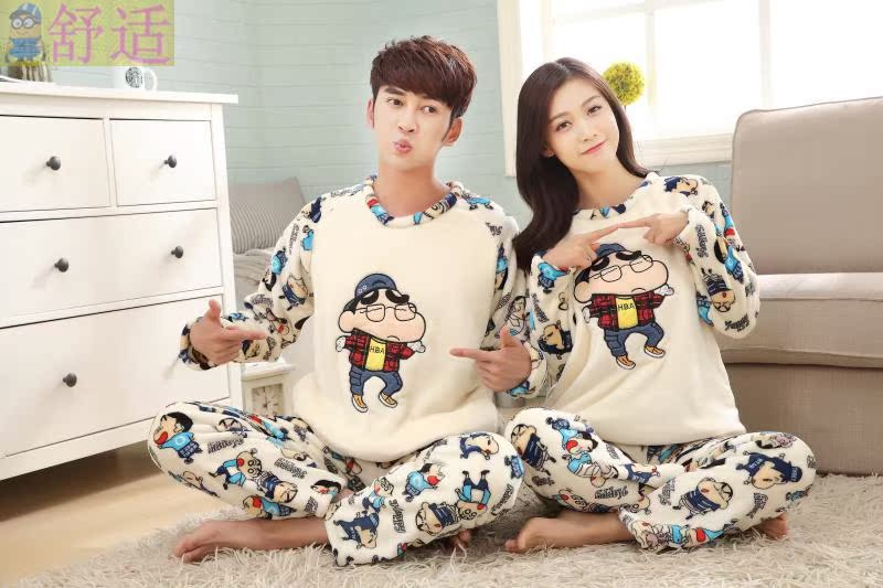 Đồ ngủ nhung nữ mùa đông phiên bản Hàn Quốc của cặp đôi dày ngọt dễ thương bút chì màu nhỏ mới phù hợp với dịch vụ nhà nam flannel bộ pijama