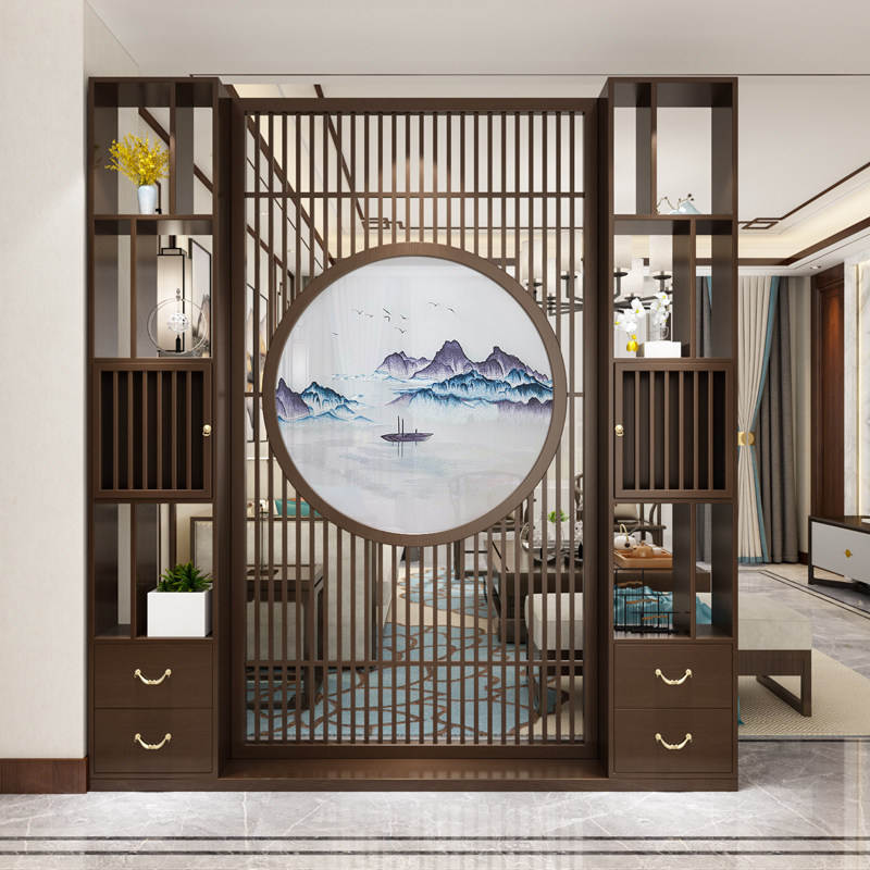Custom new Chinese style embroidery log screen cabinet living room solid wood partition Chinese style entry porch office rack