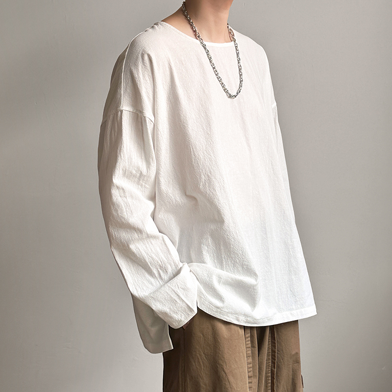 White Long-Sleeve T-Shirt for Men, Pure Cotton, Thin Summer Style, Inner Layer Base Shirt, Chinese Style, Loose Casual Men's Top with Large Neckline