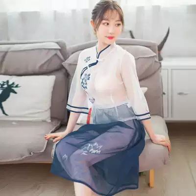 Sex lingerie sexy retro cheongsam slim transparent Republic of China style print set printing temptation perspective skirt
