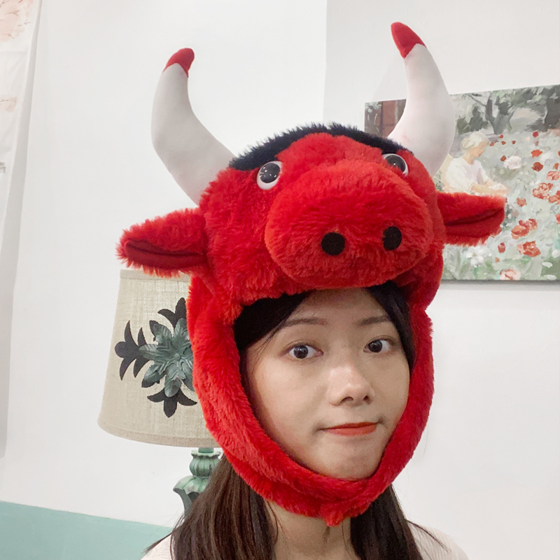 New Year's Ox Head Mascot, Zodiac Year Gift, Internet-Famous, Quirky, Cute, Red Plush Hat for Women ins