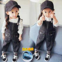 Autumn and winter baby fleece trousers 01-2-3 years old boys and girls denim overalls double-layer childrens thickened warm pants