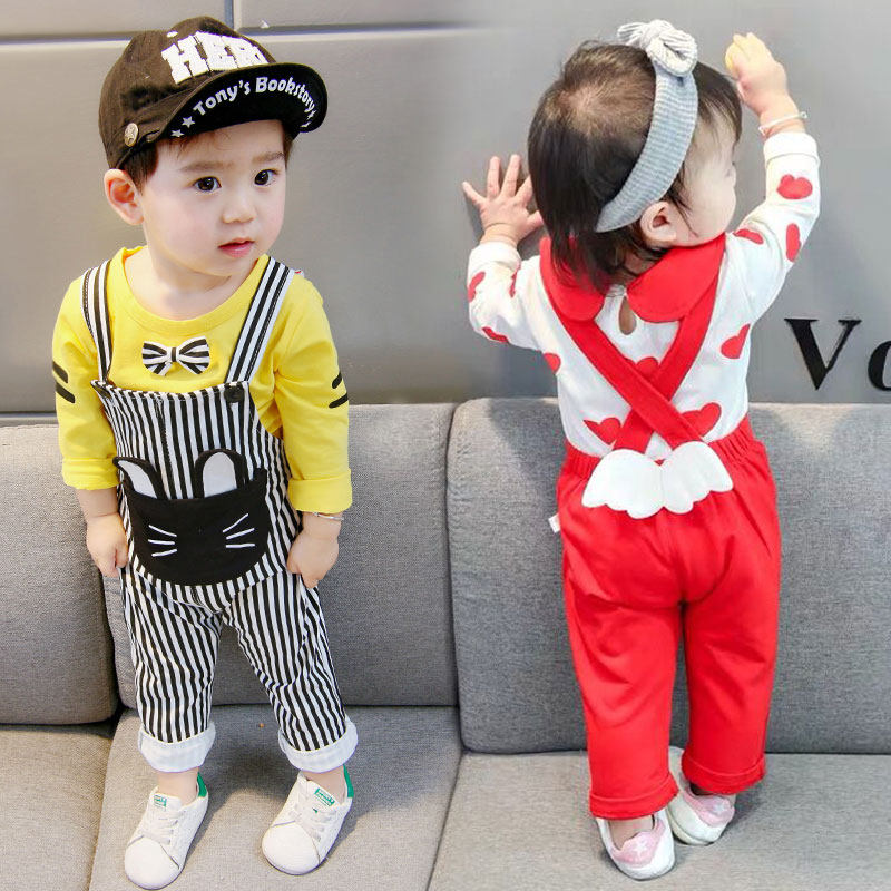 Boys and girls infant children's clothing boys and girls spring long-sleeved two-piece suit 1-2-3-4 years old strap suit