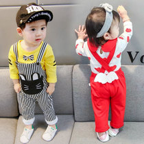 Boys and girls infant childrens clothing boys and girls spring long-sleeved two-piece suit 1-2-3-4 years old strap suit