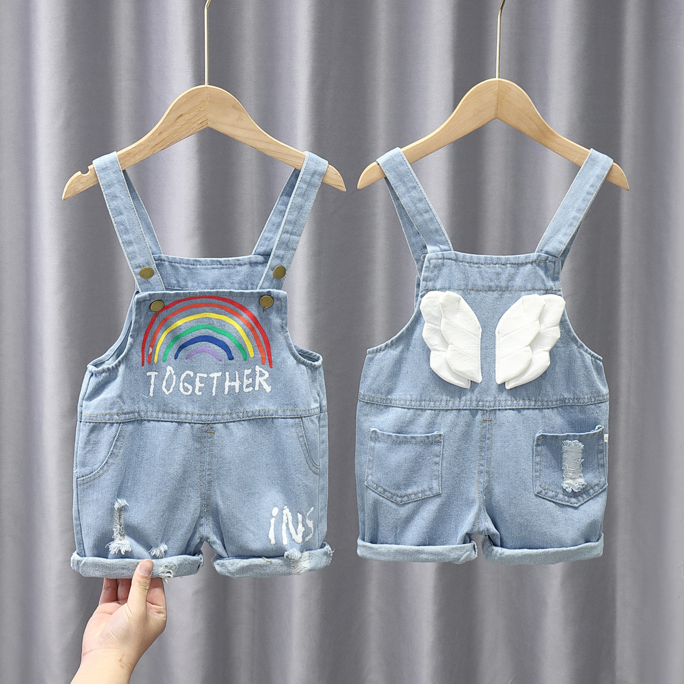 Boys and girls' jeans girls' trousers trousers children's trousers baby jumpsuit autumn and summer children's suspenders short trousers
