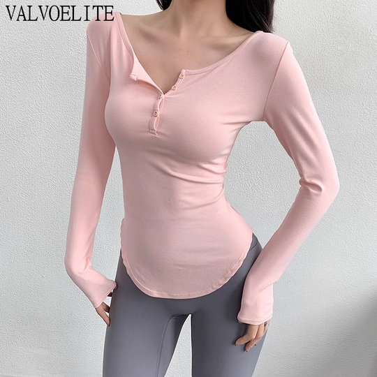VALVOELITE瑜伽服女显瘦V领运动长袖高弹跑步透气速干健身上衣秋