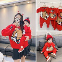 Autumn and winter parent-child outfit Jerry cartoon sweater Baby one-piece climbing suit A family of three Foreign style thickened knitted top