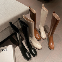 Mountain Tea Flowers Rider Boots Brown Retro High Cylinder Boots Spring Autumn Though Kneecap Boots New White Genuine Leather Long Boots Woman