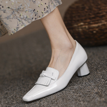 Maimini horse single shoe woman 2021 new 100 hitch genuine leather square head flow Su small leather shoes white with soft leather single shoe woman