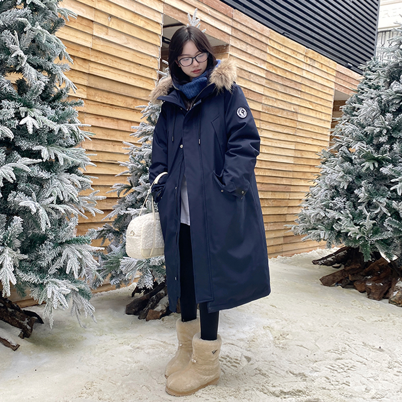 Qiqiyu Academy Style Dark Blue Long Parka down Jacket for Women Winter Large Fur Collar Workwear Coat for Petite Sizes